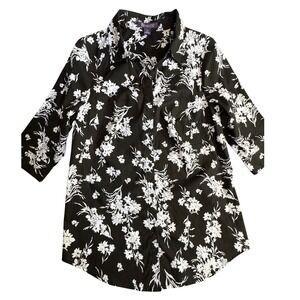 Roaman's Womens 12W Black White Floral Button Front 3/4 Sleeve Tunic Top 92709